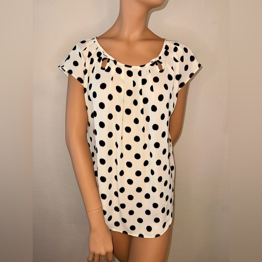 LC Lauren Conrad Polka Dot Blouse Size L Cream Black Bow Keyhole Top